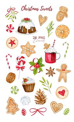 watercolor christmas sweets clipart set with cookies, candy, candies and other holiday treats