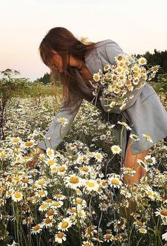 a woman kneeling down in a field of daisies