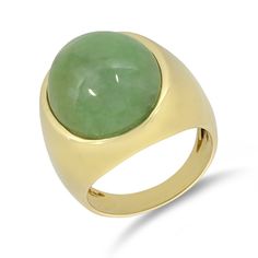 Featured is a sophisticated statement of elegance and luxury showcasing a 14.50ct semi translucent oval cabochon of richly mottled green jadeite bezel set into a 14K yellow gold. Metal Type: 14K Yellow Gold Hallmarks: 14K, 585, Makers mark Metal Finish: High Polish Ring Size: 7 1/4 Setting: Bezel Item Weight: 10.40 grams Center Gemstone Gemstone: Jadeite Gemstone Carat Weight 14.50ct Shape: Oval Cabochon Gemstone Measurements: 20.07 x 15.12 x 5.90mm Measurements: Band Width 4.14mm, Ornament Leng Luxury Green Domed Jewelry, Luxury Modern Green Dome Ring, Luxury Green Dome Ring With Polished Finish, Luxury Oval Cabochons With Bezel Setting, Luxury Yellow Gold Oval Cabochons, Luxury Oval Gold Cabochons, Luxury Gold Oval Cabochons, Luxury Gold Domed Cabochons, Mark Metal