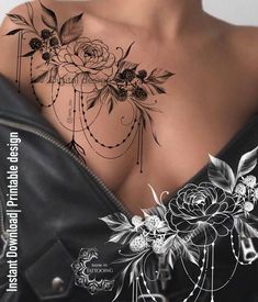 a woman's chest with flowers on it and the words, tattoo designs for women