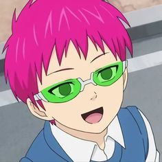 an anime character with pink hair and green glasses