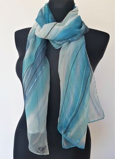 Tender ligth blue silk scarf. Hand painted transparent silk chiffon designers scarf, long scarf in shades of sea: light blue, white, grey Elegant Blue Silk Scarf For Beach, Blue Silk Scarf, Silk Chiffon Scarves, Rainbow Scarf, Silk Scarf Painting, Hand Painted Silk Scarf, Illustration Fashion Design, Illustration Fashion, Designer Scarves