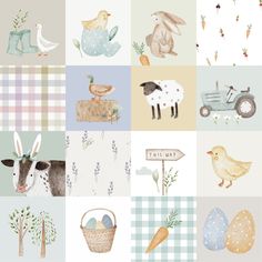 an illustration of farm animals and eggs in different patterns on a checkered table cloth