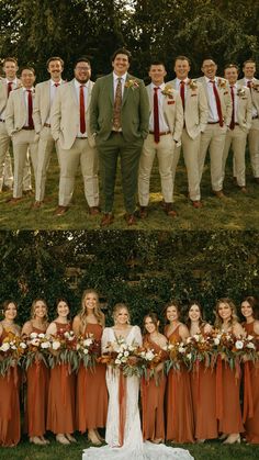 two pictures show the same man and woman in their wedding attire, one is wearing an orange bridesmaid dress