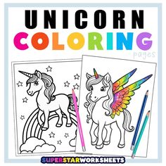 two unicorn coloring pages with the title, super star worksheets for children to color