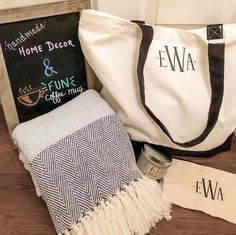 The Home Sweet Home Tote is the perfect gift for a housewarming, a PCS, new marriage, etc. Bundle includes monogrammed tote and makeup bag, throw blanket, coffee mug, handmade wooden decor sign and candle. Mug Handmade, Military Gifts