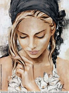 a painting of a woman wearing a black headband and holding her hands to her face