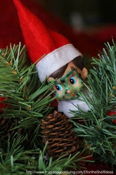 an elf is peeking out from the branches of a christmas tree with pine cones around it