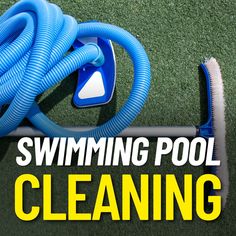 a blue pool cleaner hose laying on top of a green grass covered field with the words swimming pool cleaning