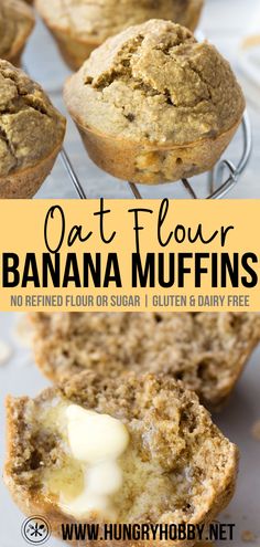 banana muffins on a cooling rack with the text overlay reading oat flour banana muffins