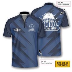 the front and back of a blue shirt with white lettering on it, which reads king team