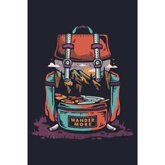 an image of a backpack with food on it and mountains in the backgroud