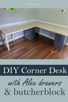 the corner desk with alex drawers and butcher block legs is featured in this diy corner desk