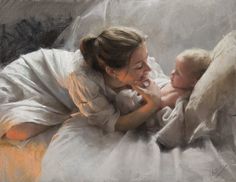 a painting of a woman laying in bed with a baby on her lap and smiling