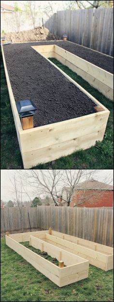 two pictures of raised garden beds with gravel in them