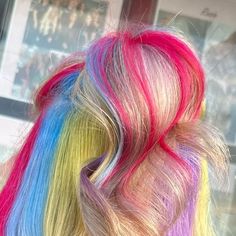 Directions Hair Colour on Instagram: "Who else has gone rainbow for #June?🖐️ @taylamariehair_ using a rainbow of Directions 🌈 🛒 www.directionshaircolour.co.uk #directionshair #directionshaircolour #semipermanent #hairstyles #hairideas #hairoftheday #hairinspo #hairtrends #hairgoals #instahair #colourfulhair #hairlove #vividhair #hair #haircolour #vegan #colour #hairdye #veganhair #crueltyfree" Hidden Rainbow Hair Blonde, Pastel Rainbow Hair Hidden, Rainbow Baliage Hair, Rainbow Hair Prism, Rainbow Reflection Hair