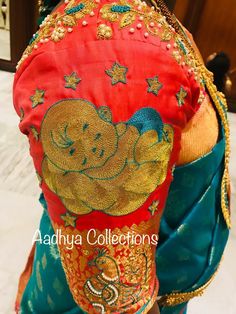 Baby Shower Blouse Designs Latest, Baby Shower Aari Work Blouse Designs, Seemantham Blouse Designs, Baby Shower Blouse Designs, God Bharai, Baby Mehndi, Blouse Painting, Tracing Design, Baby Shower Jewelry