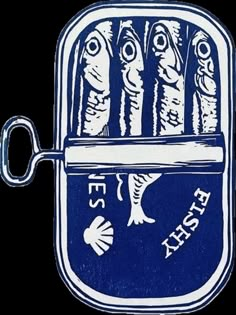 a blue and white drawing of fish in a container with the words fishy on it