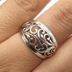 Great vintage condition.  925 Sterling Silver Vintage Open Swirl Dome Ring Size 7.75  Weight: 3.6g   WELCOME TO PAWN SHOP We are an actual pawn shop and have been in business for over 25 years. Since 1990, our establishment has been serving a variety of clients by providing them with short term cash solutions and options of liquidity regarding their treasured heirlooms. Acknowledging that today′s customers are very sophisticated and are looking for a variety of investments, our acquisitions are Engraved Silver Filigree Open Ring, Silver Swirl Rings For Anniversary, Adjustable Filigree 925 Open Ring, Sterling Silver Filigree Open Ring Hallmarked, Vintage Wide Band Open Ring Stamped 925, Vintage Sterling Silver Open Filigree Ring, Wheat Design, Dome Ring, Purse Jewelry