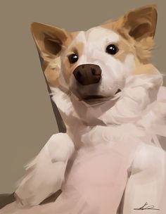 a painting of a dog sitting on the floor with its paws up and eyes wide open