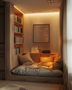 a living room with a couch and bookshelf in the corner next to a window