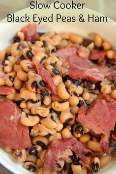 slow cooker black eyed peas and ham in a white bowl with text overlay