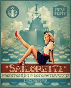 an advertisement for sailorette magazine featuring a pin up girl on the front and side of a ship in the background