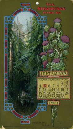 an image of a calendar with flowers in the middle and trees around it, on a green background