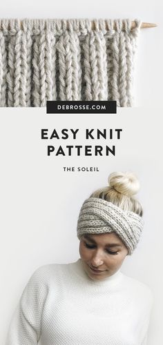 a woman wearing a knitted headband with text overlay that reads easy knit pattern the solel