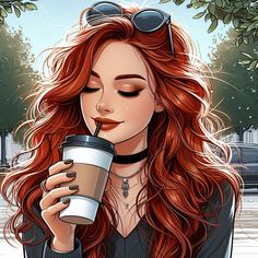 a woman with long red hair drinking from a coffee cup while wearing sunglasses and a choker