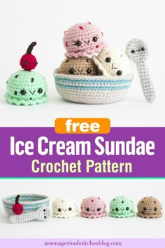 Free Crochet Ice Cream Amigurumi Pattern by A Menagerie of Stitches. Using brown, pink, green, grey, blue, and red yarn. Free on my blog www.amenagerieofstitchesblog.com Crochet Ice Cream Sundae, Crochet Amigurumi Ice Cream, Crochet Ice Cream Pattern Free, Ice Cream Amigurumi Free Pattern, Crochet Food Set, Crochet Pancakes Free Pattern, Crochet Cupcakes Free Pattern, Crochet Ice Cream Cone Pattern Free, Diy Ice Cream Decor