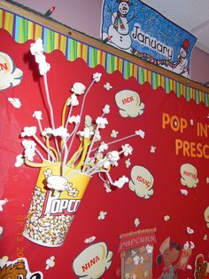 a popcorn themed bulletin board in a classroom