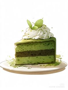 a piece of green cake with whipped cream on top