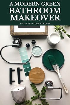 green bathroom makeover with text overlay that reads, a modern green bathroom makeover