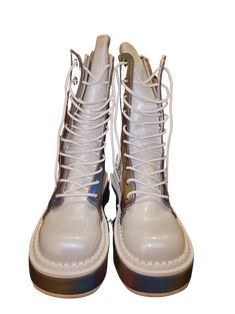 Seller Notes: Only worn once. Unfortunately they don't fit me anymore. Comes with original box. Zips up on the side and shoe laces in the front ; Condition: New Without Tags; Freedom Rave Wear Demonia Boots, White Holographic, Rave Wear, Shoe Laces, Original Box, Zip Ups, Multi Color, Rainbow, Tags