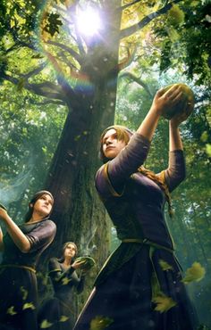 the three women are standing in front of a tree and one is throwing a ball