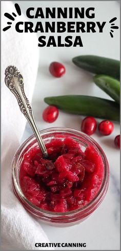 cranberry salsa in a small glass bowl with a spoon