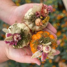 someone holding three miniature pumpkins with flowers on them in their palm's hand