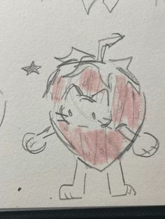 a drawing of an apple with a cat on it's back and stars above