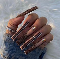 Fall Nails Baddie, Brown Baddie Nails, Fall Long Nails, Baddie Fall Nails, Chicana Nails, Fall Nails Long, Really Long Nails, Brown Acrylic Nails, Fall Acrylic