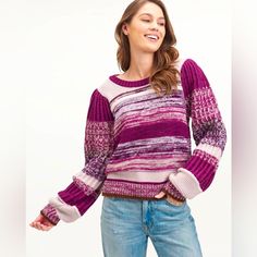 Cozy Up In Our Raya Sweater -- A Beautiful Blend Of Mixed Marled Yarn Textures And Colors For A Chunky Finish That's As Cozy As It Is Unique. Mock Neck Long Bubble Sleeves Mixed Knit Construction Get Cozy In This Soft Wool-Blend Sweater Knit With Vivid Marled Stripes For Eye-Catching Style. Crewneck Long Sleeves 79% Wool, 12% Acrylic , 6% Cashmere 1% Elastane Machine Wash, Tumble Dry Cozy Heather Sweater, Purple Relaxed Fit Sweater For Fall, Henley Sweater, Plaid Sweater, Comfortable Sweater, Cashmere Blend Sweater, Womens Cashmere, Tie Dye Sweatshirt, Knit Sleeve