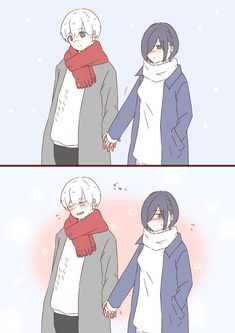 two anime characters are holding hands and one is wearing a scarf, the other has a sweater