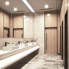 a bathroom with three sinks and two mirrors on the wall next to wooden cupboards