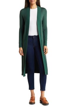 BY DESIGN Tribec Knee Length Cardigan | Nordstromrack Knee Length Sweater, Knee Length Cardigan, Sweaters Crewneck, Open Front Cardigan, Hunter Green, Shawl Collar, Green Brown, Dress Codes, Long A Line