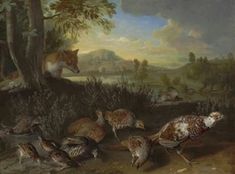 a painting of birds and other animals in a wooded area