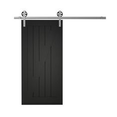 a black door with two chrome handles on the top and bottom bars, in front of a white background