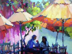 an oil painting of people sitting at tables with umbrellas over their heads and in the background