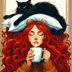 a painting of a woman with red hair and a cat on her head drinking from a cup