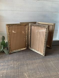 an old photo frame sitting on top of a wooden floor next to a potted plant