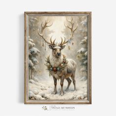 a painting of a deer with antlers on it's head in the snow